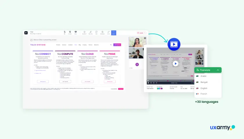 UXArmy moderated session testing a pricing-page prototype, with a live participant video call, session recording, and a translation panel supporting 30-plus languages.