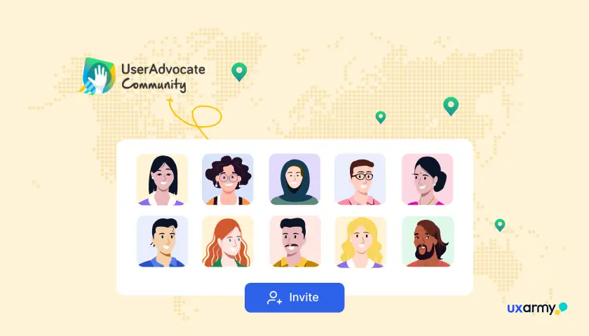 UXArmy UserAdvocate participant panel showing a grid of ten diverse user profiles over a world map with location pins and an Invite button.