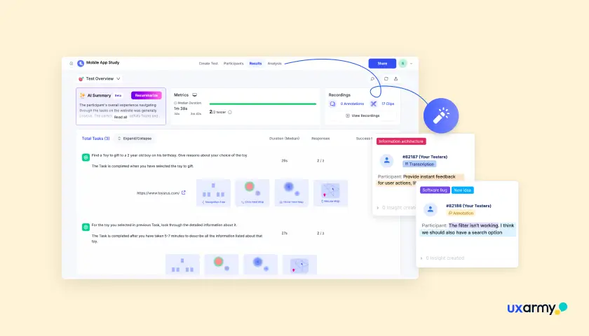 UXArmy results dashboard showing per-task success and failure metrics, click heatmaps, and participant feedback transcripts.