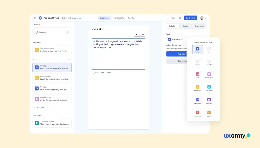 UXArmy test builder screen showing a task instruction editor and an "add a prototype" panel with prototype source options.