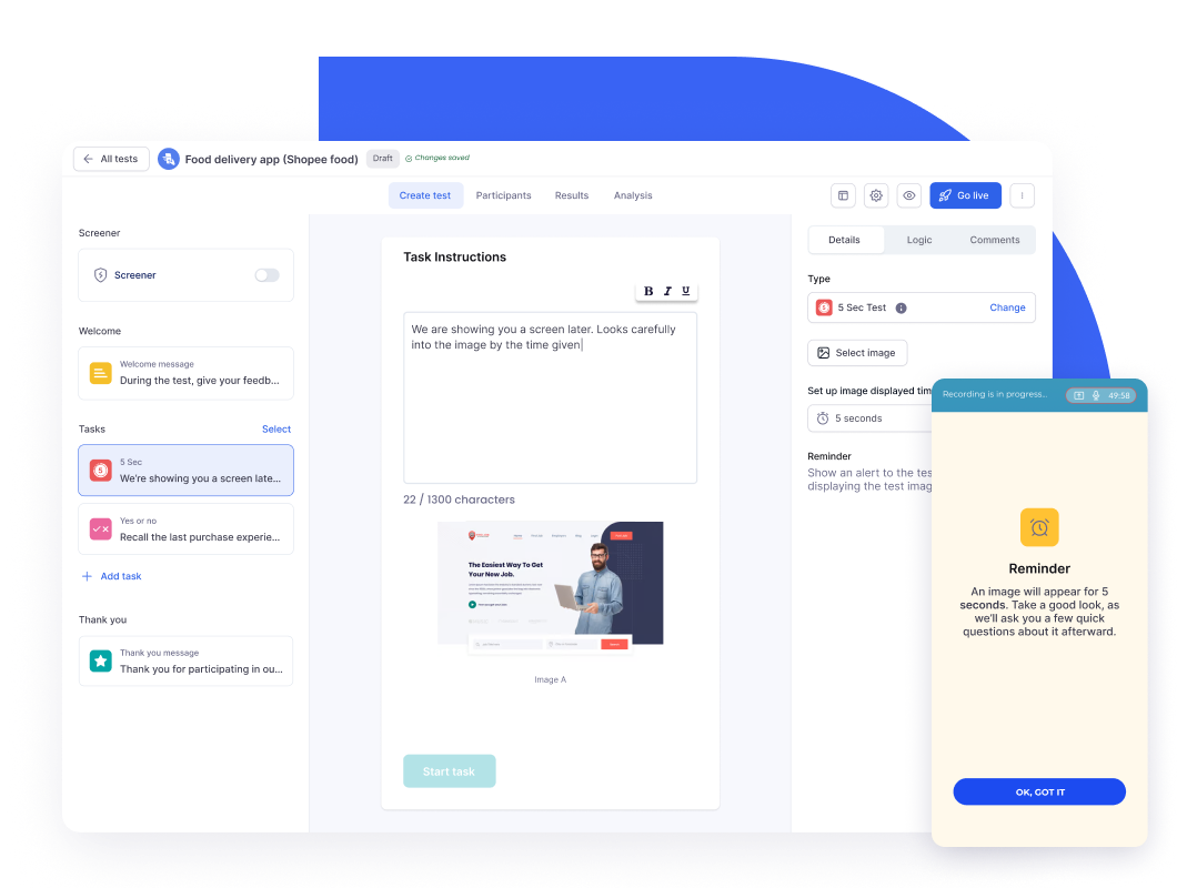 UXArmy unmoderated usability testing platform showing setup of a 5 Seconds Test with task instructions and image display in a tester app view.