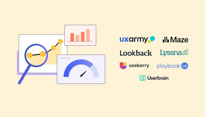 Illustration of a magnifying glass over a rising line chart with a bar chart and speedometer gauge, beside the UXArmy, Maze, Lyssna, Lookback, Useberry, PlaybookUX, and Userbrain logos