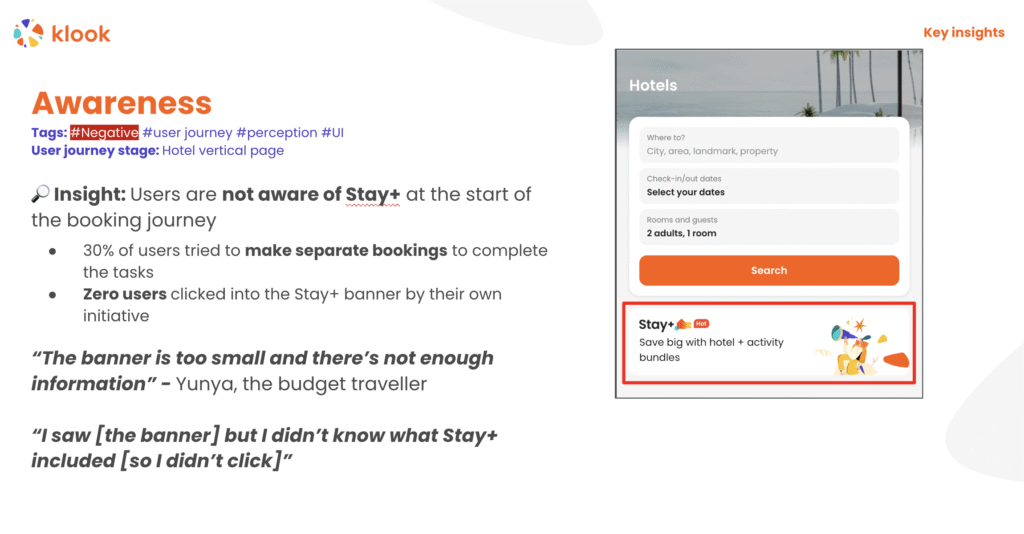 Screenshot of results deck showing an insight from Klook's Stay+ usability testing.