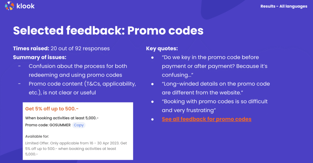 Screenshot of results deck showing an insight from a survey for Klook users.
