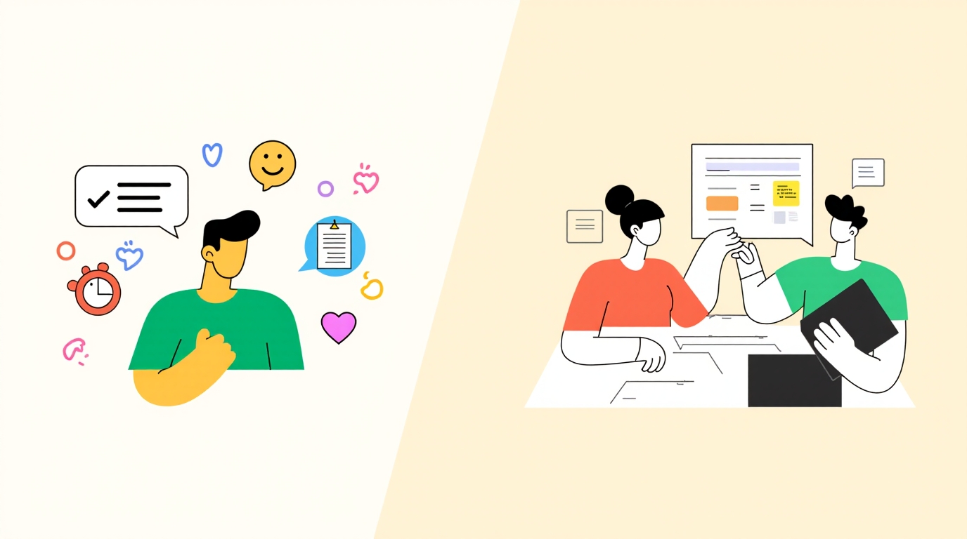 A user facing a challenge or tasks and a product team analyzing these needs.