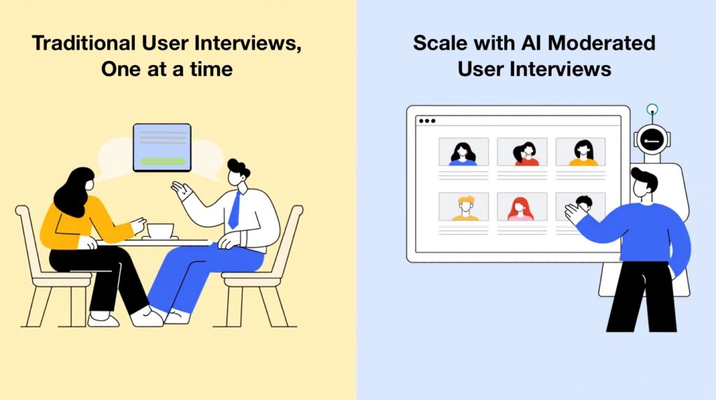 Artificial Intelligence (AI) in qualitative user research 7 Left side showing an in-person user interview and the right side showing results from several interviews supported by AI bot