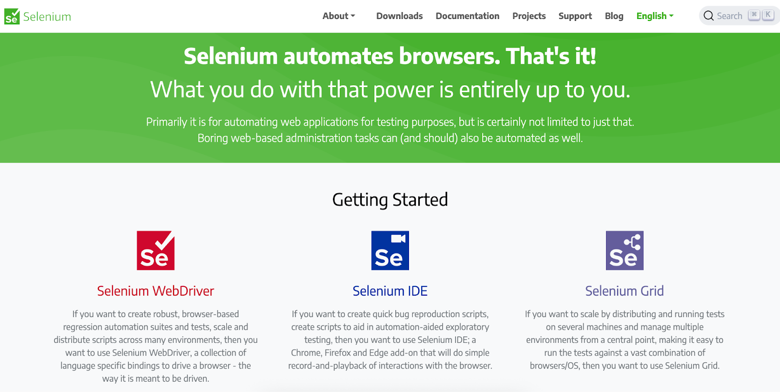Selenium website with a headline “Selenium automates browsers. That's it!”, CTA buttons to get started with Selenium’s features.