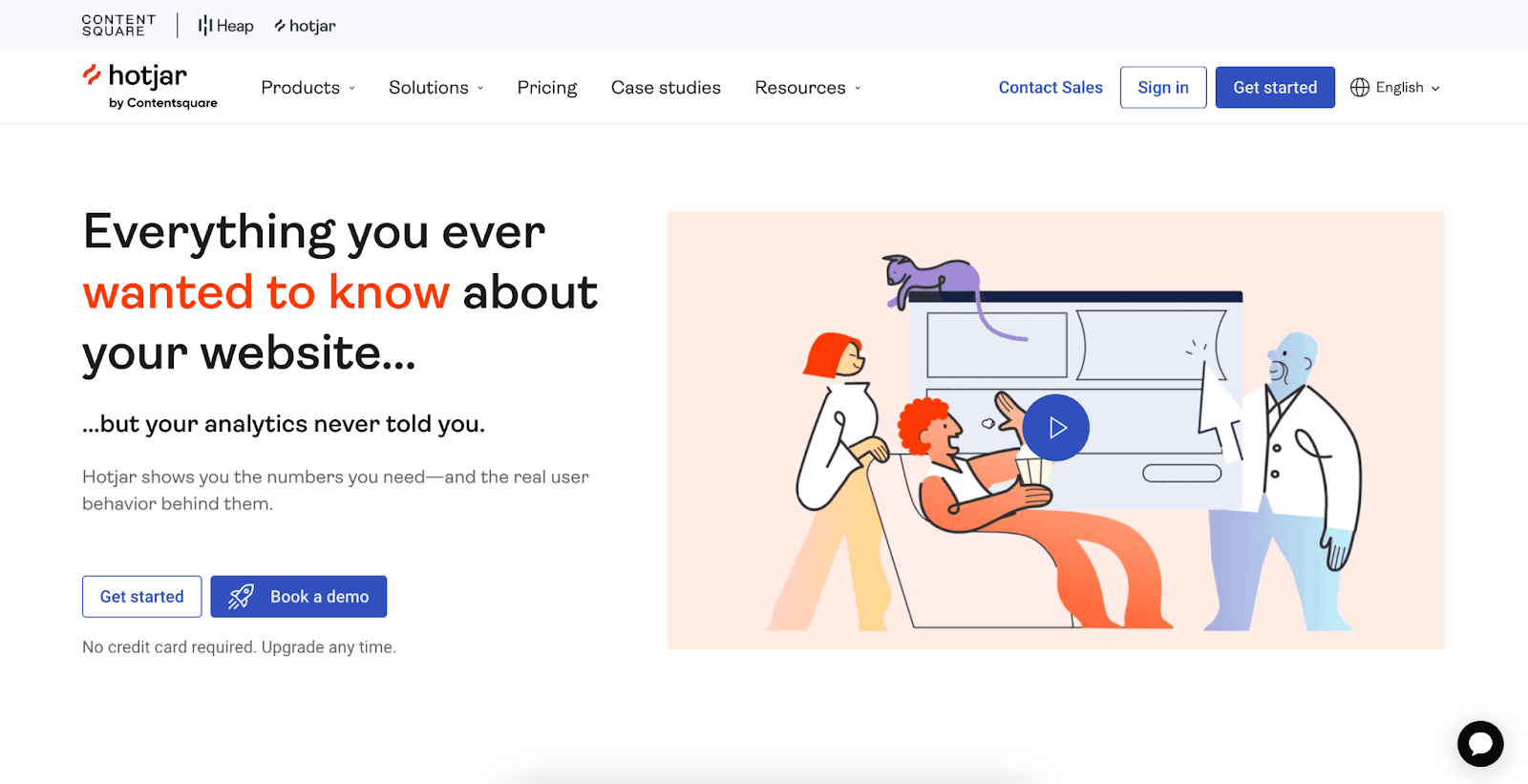 Hotjar website with headline "Everything you ever wanted to know about your website", with CTA buttons, and testing tool previews.