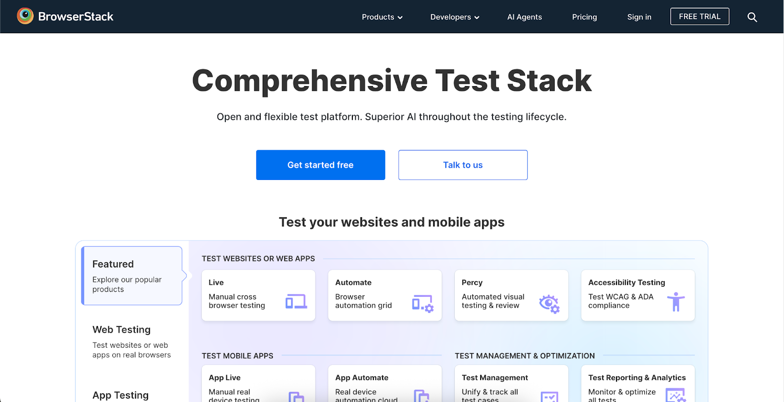 BrowserStack website with headline "Comprehensive Test Stack", with CTA buttons, and testing tool previews.