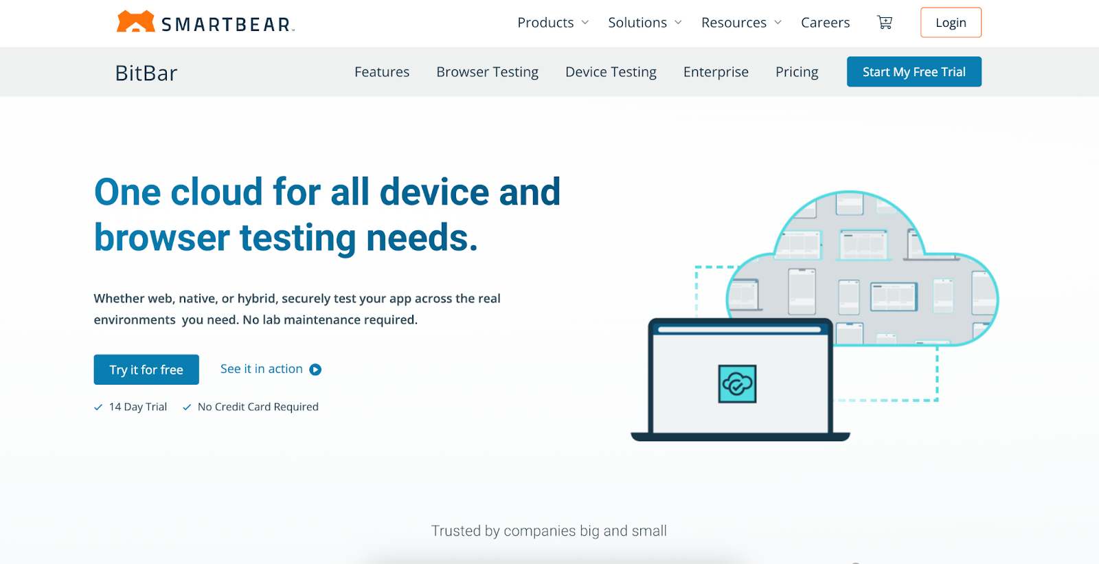 BitBar website with headline "One cloud for all device and browser testing needs.", CTA buttons, and testing tool previews.