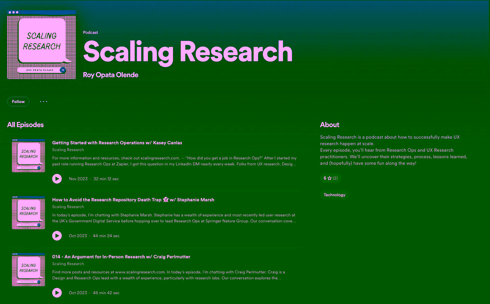 A website showing the "Scaling Research" podcast page by Roy Opata Olende.