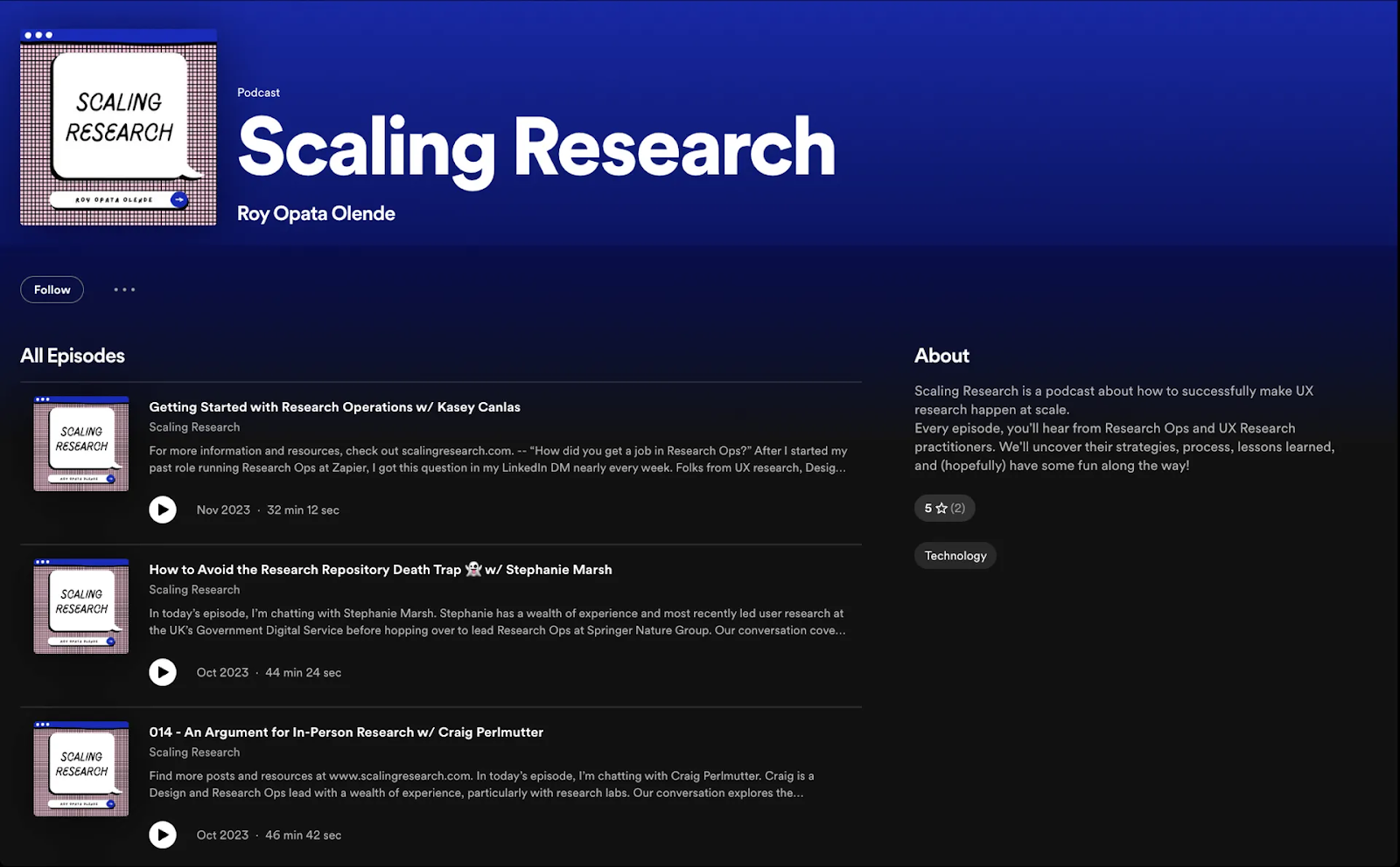 A website showing the "Scaling Research" podcast page by Roy Opata Olende.
