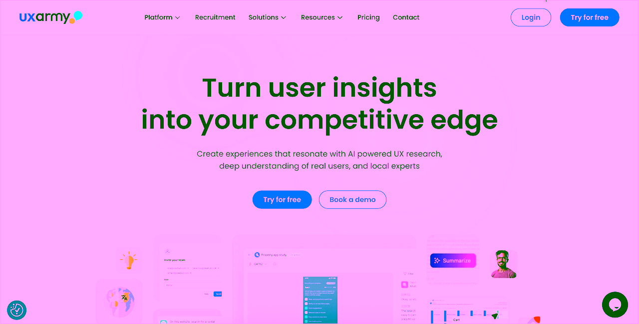 UXarmy website with headline "Turn user insights into your competitive edge", CTA buttons, and UX research tool previews.