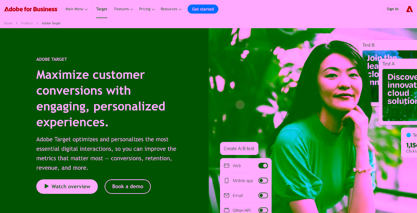 Adobe Target website with headline "Maximize customer conversions with engaging, personalized experiences.", CTA buttons, and UX research tool previews.