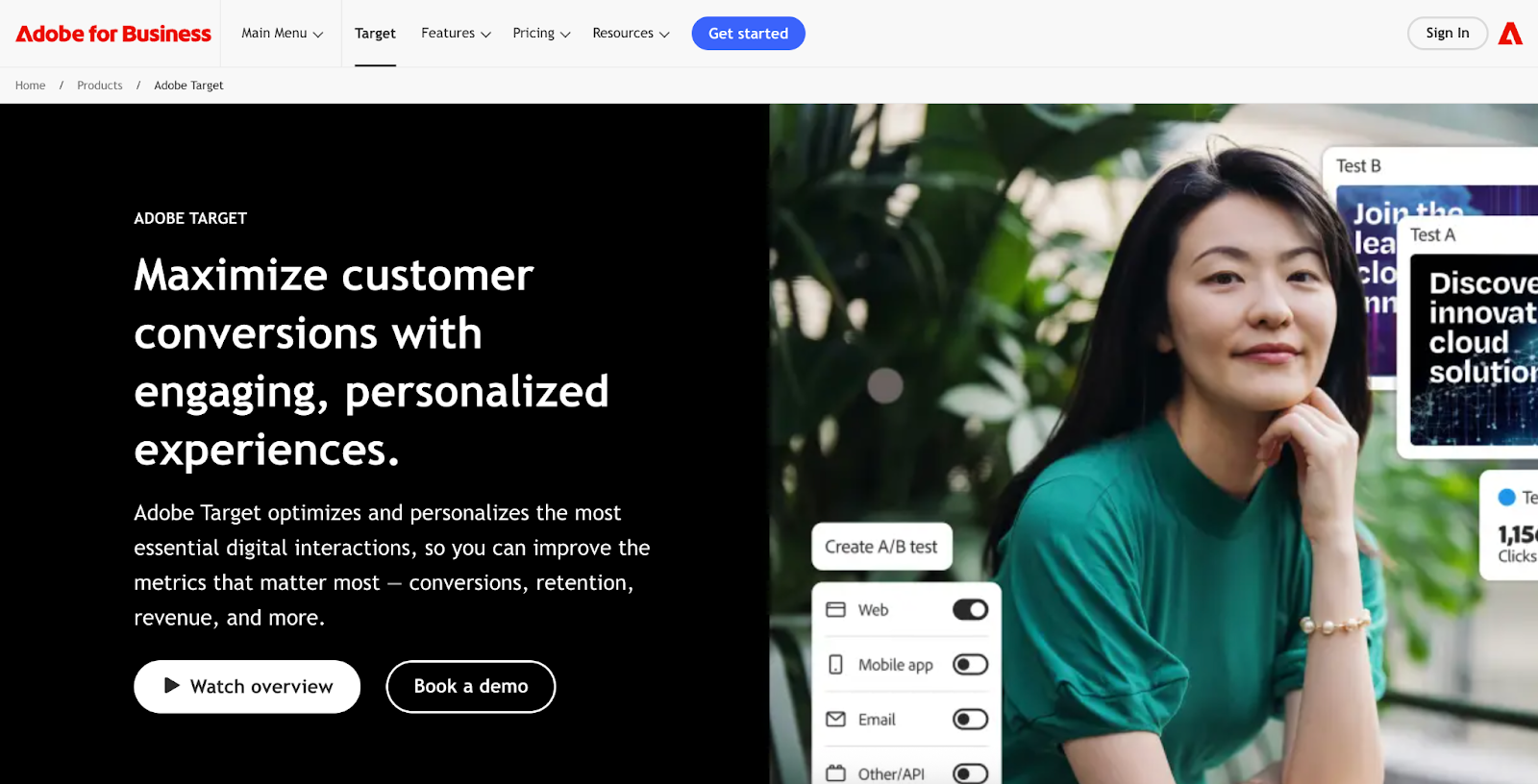Adobe Target website with headline "Maximize customer conversions with engaging, personalized experiences.", CTA buttons, and UX research tool previews.