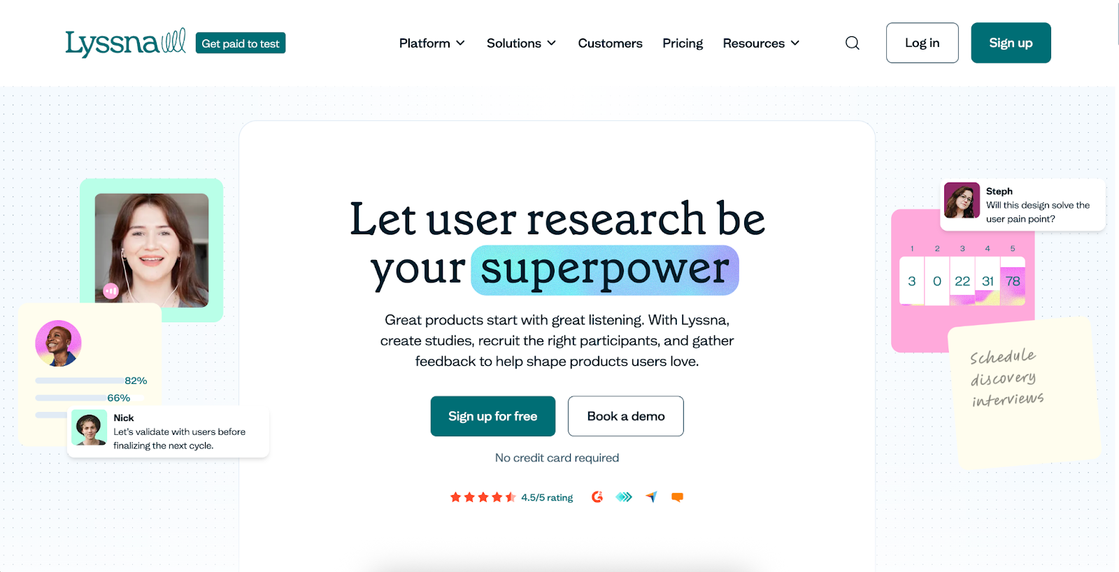 Lyssna website with headline "Let user research be your superpower", with CTA buttons, and UX research tool previews.
