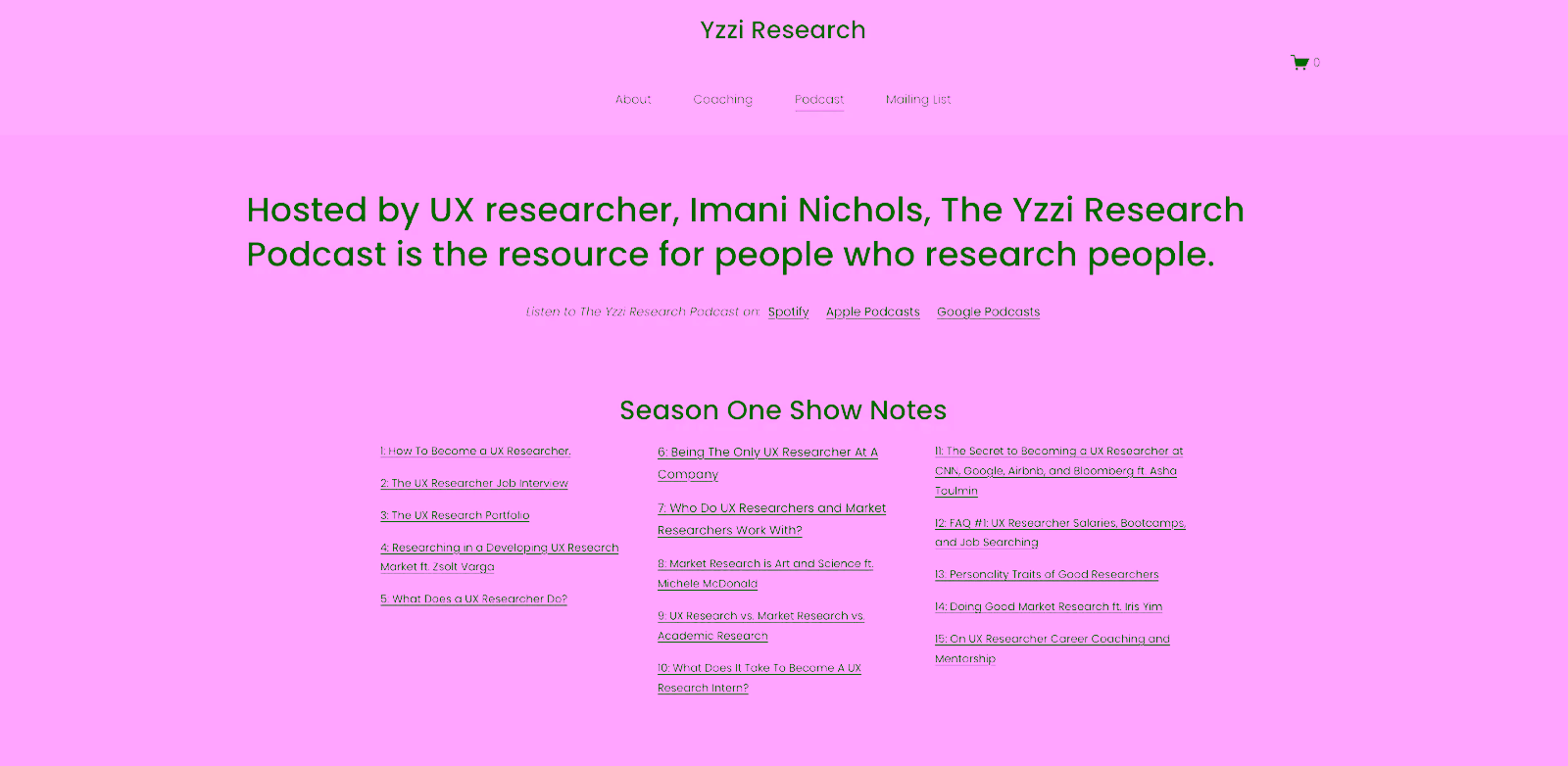  Yzzi Research website showing "Yzzi Research" podcast page with a headline "Hosted by UX researcher, Imani Nichols, The Yzzi Research Podcast is the resource for people who research people”.