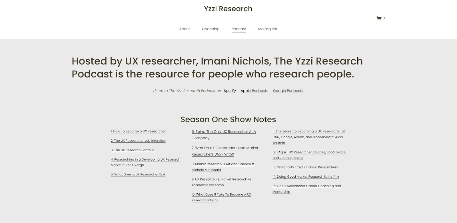  Yzzi Research website showing "Yzzi Research" podcast page with a headline "Hosted by UX researcher, Imani Nichols, The Yzzi Research Podcast is the resource for people who research people”.