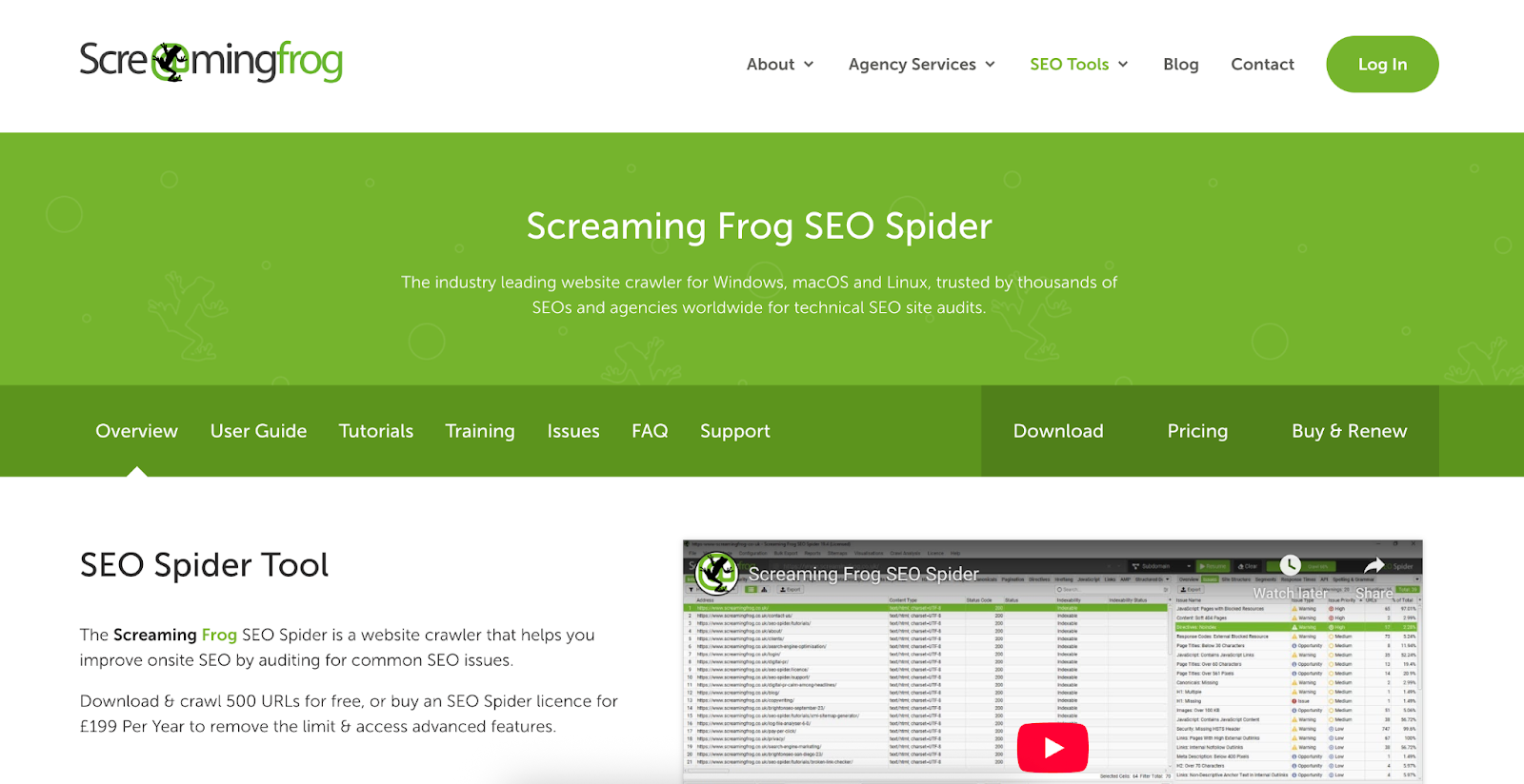 Screaming Frog SEO Spider website showcasing their crawler for Windows, macOS and Linux platform.