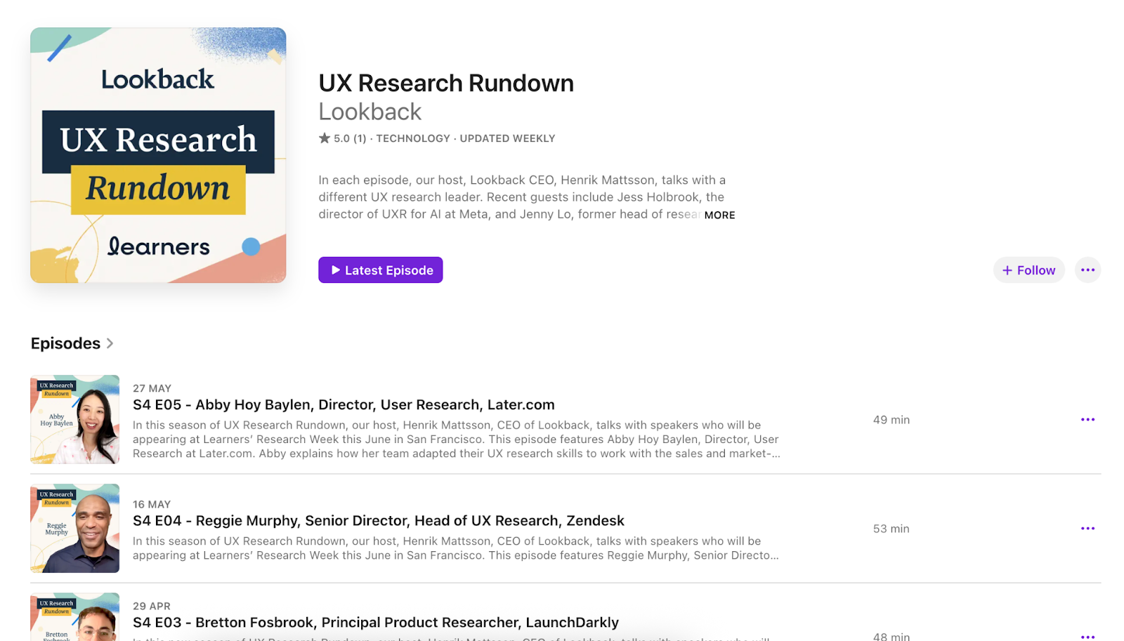 Apple Podcasts showing "UX Research Rundown" podcast page by Lookback.