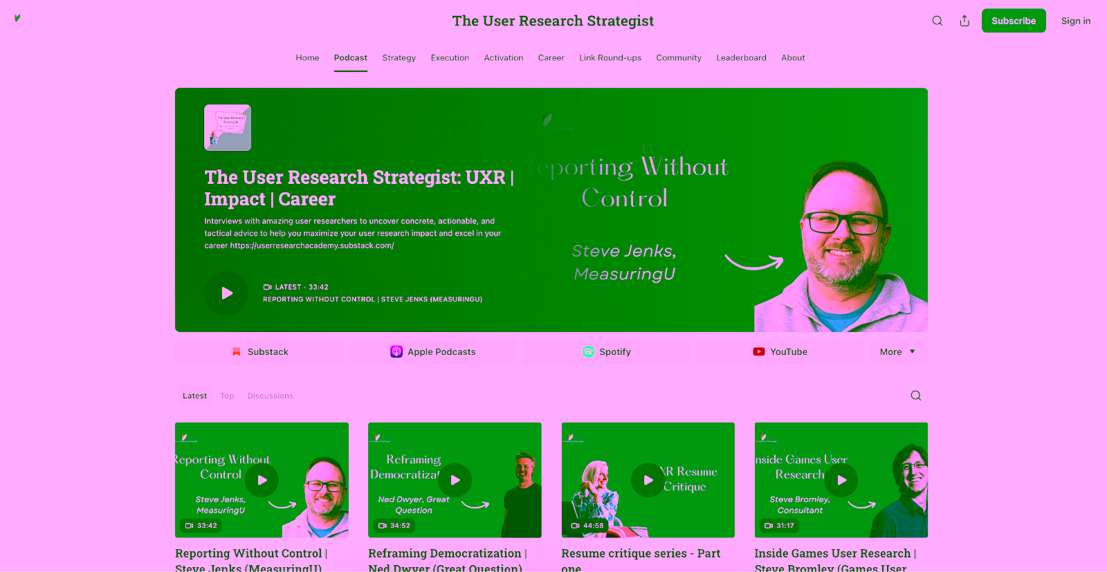 A website showing "The User Research Strategist" podcast page.