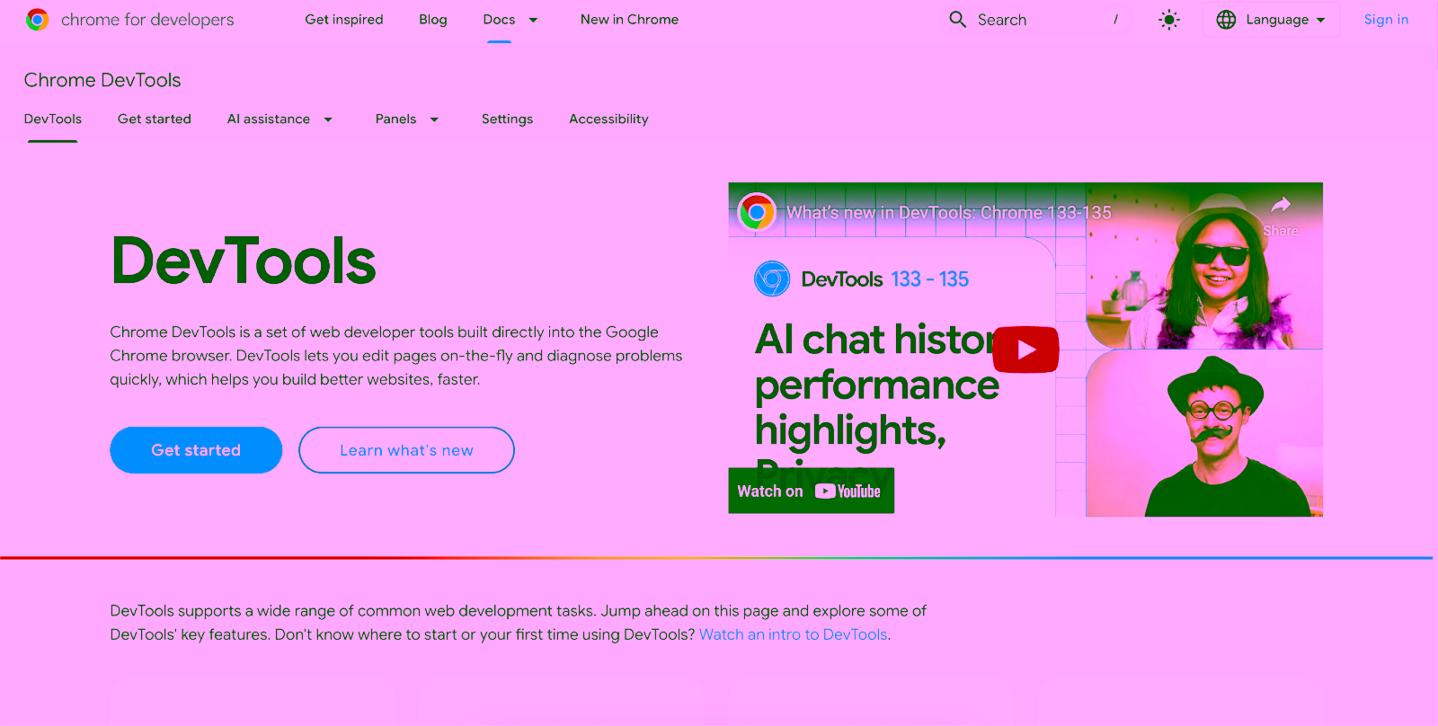 DevTools website with headline "DevTools", CTA buttons to get started with the tool and learn what’s new.
