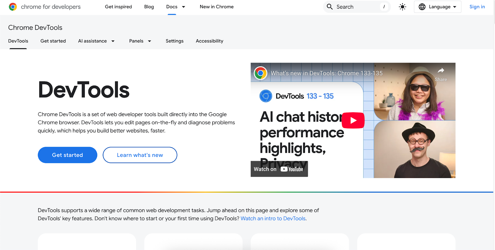 DevTools website with headline "DevTools", CTA buttons to get started with the tool and learn what’s new.