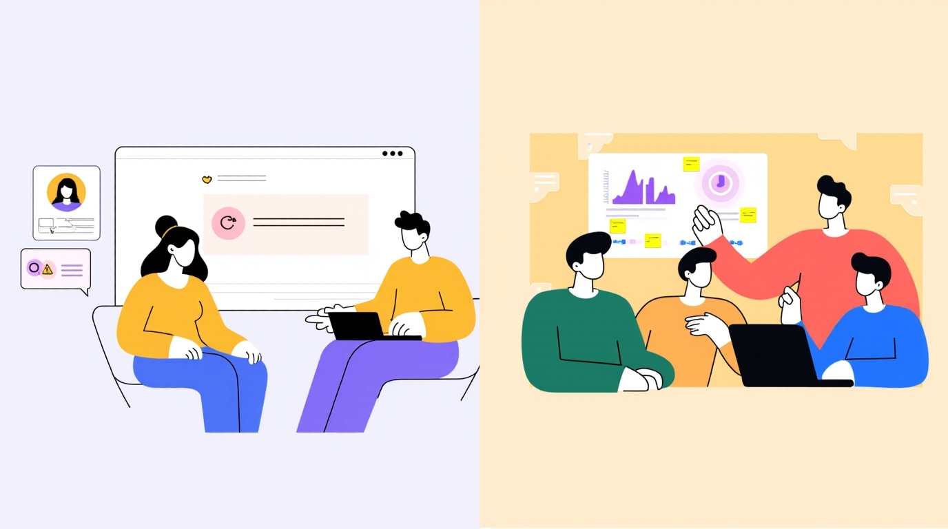 UX researcher conducting user interview and presenting AI-generated insights to product, design, and development team.