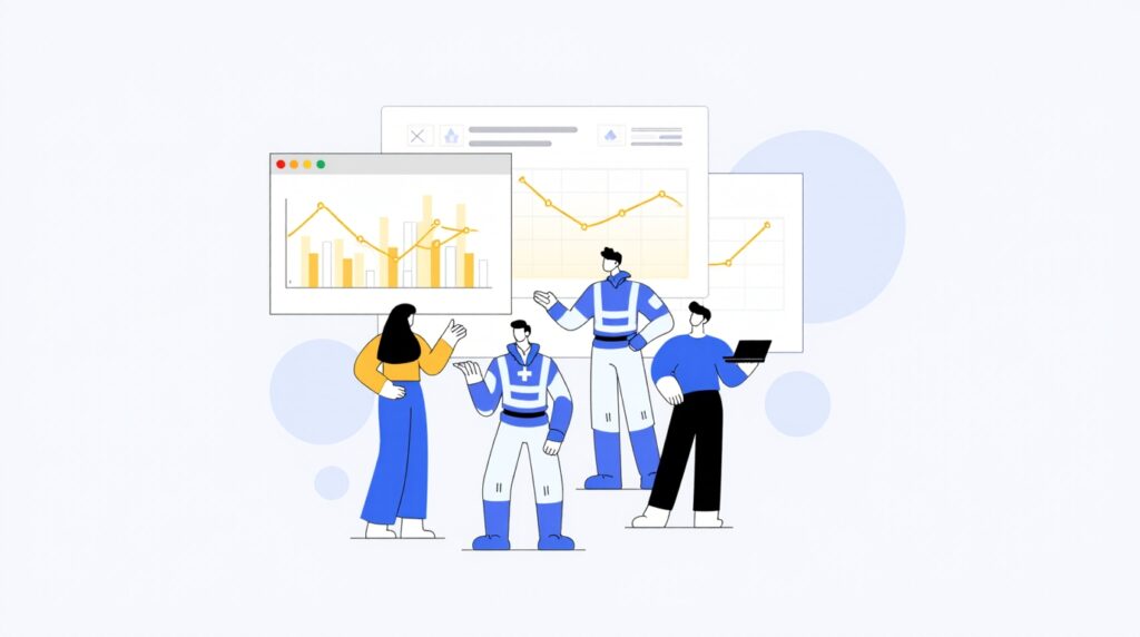 Robots and users participating in discussions. Dashboard shows a couple of charts and graphs for Synthetic Participants in UX Research