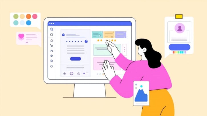 User Interface (UI) designer focused on creating an interface on a computer surrounded with sticky notes, a color palette swatch, and a user persona.