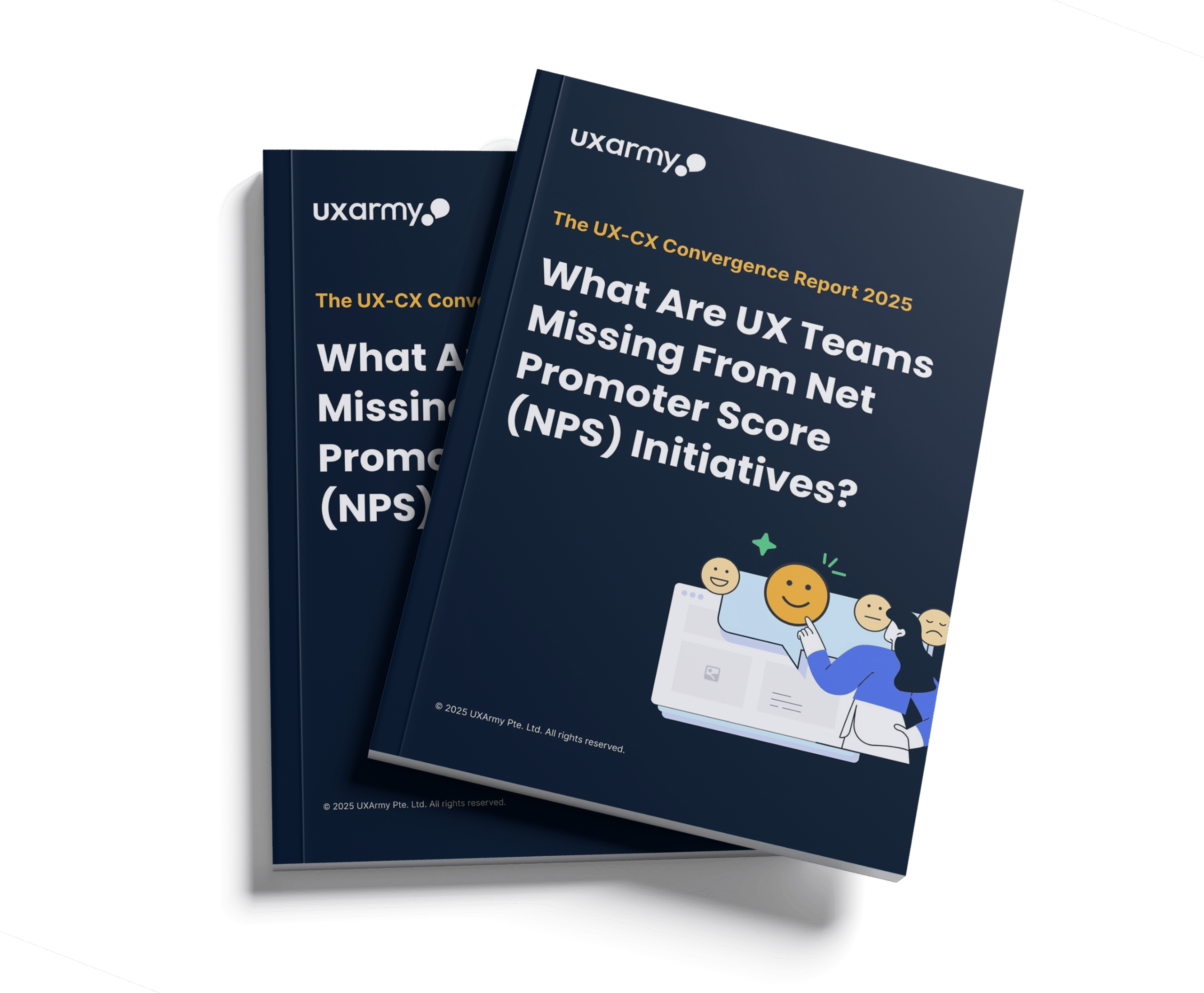 UXArmy published an industry report, titled "The UX-CX Convergence Report 2025: What Are UX Teams Missing From Net Promoter Score (NPS) Initiatives?", featuring a dark blue cover and an illustration of people giving NPS ratings on a laptop.