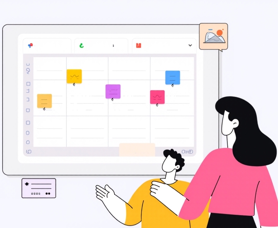 Product Owner working in an Agile team environment—shown managing a sprint board, reviewing user stories on a laptop, with sticky notes and a backlog board in the background. The scene includes subtle icons representing collaboration, prioritization, and user feedback