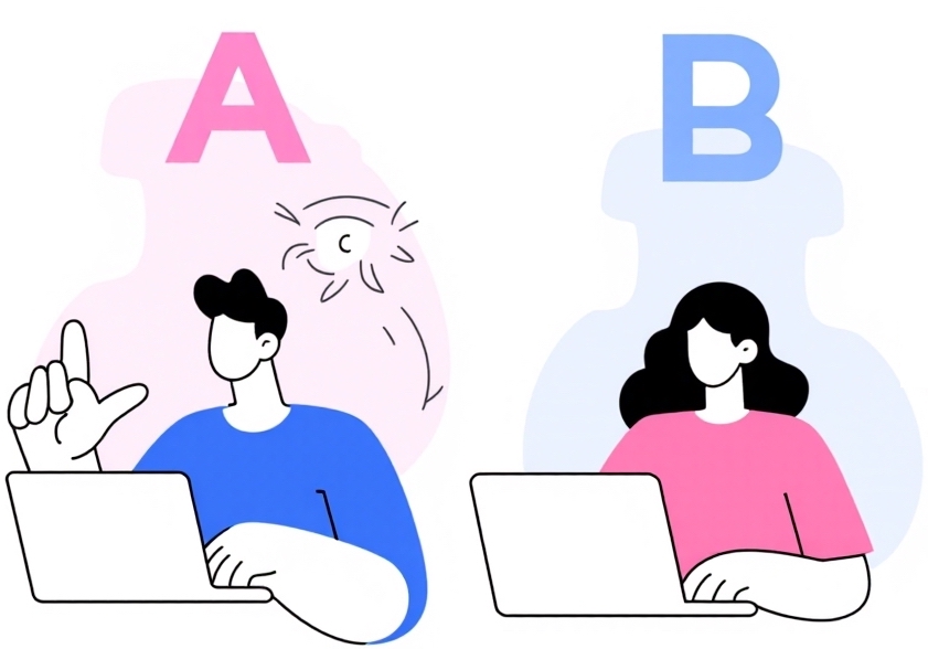 Two people interacting with different design options on screen. Options are named as A and B