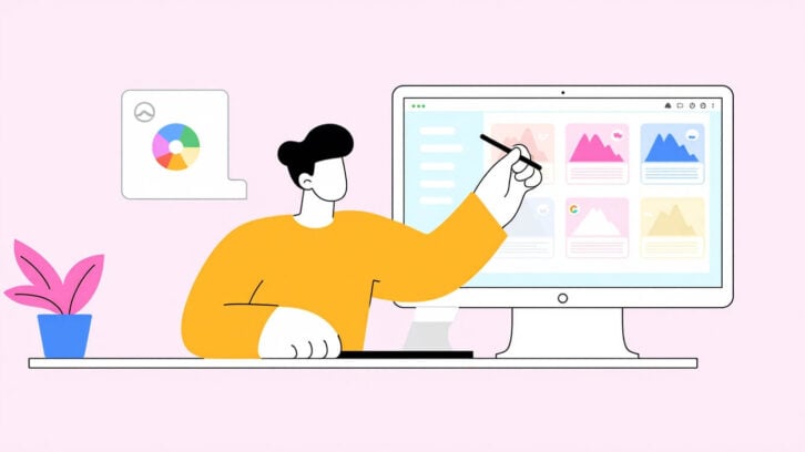 Color in UI design: A solo UI designer seated using a touch pen to arrange interface elements on a large monitor screen