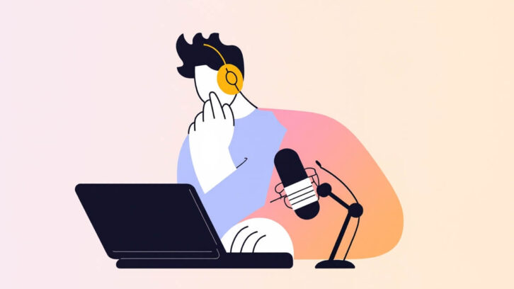 : A podcaster with headphones and microphone is representing the top UX research podcasts for UX professionals.