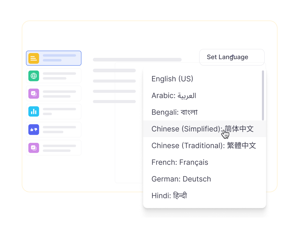 UX Survey Tool Built for Designers and Researchers 3 UX survey tool interface showing a language selection dropdown with options like English, Arabic, Bengali, Chinese (Simplified and Traditional), French, German, and Hindi.