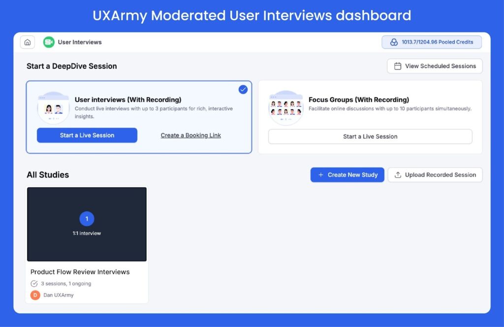 UXArmy Moderated User Interviews dashboard overview