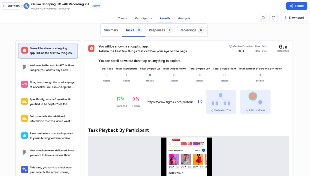 UI of usability test with Timed Task