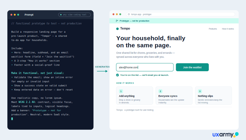 A vibe-coding prompt on the left and the functional landing-page prototype it generates on the right, including a waitlist form with a success state.