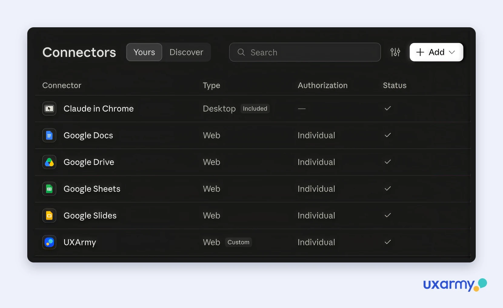 Claude connectors panel with UXArmy MCP server and Google Slides connected