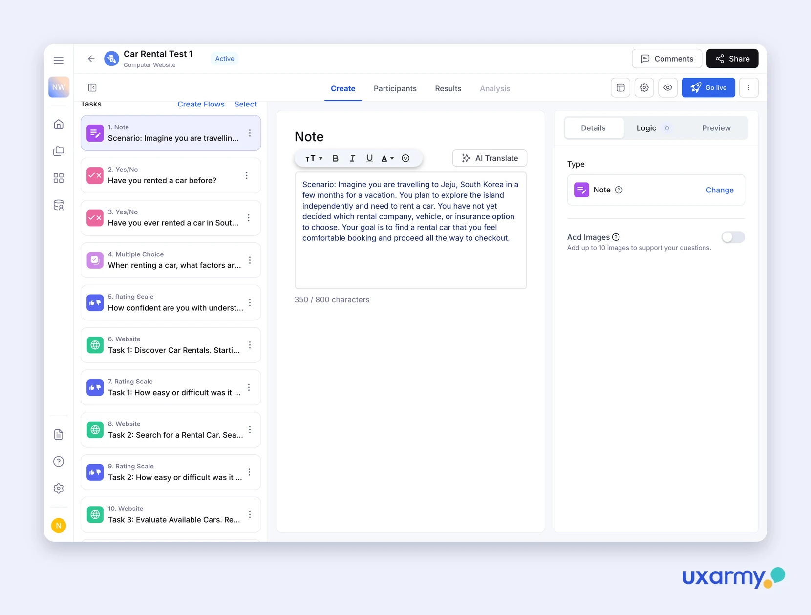 UXArmy study editor showing a car-rental usability study with notes, questions and website tasks
